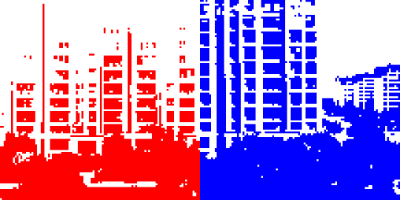 A highly pixelated, colorful image showing a recognizable scene or object, demonstrating various levels of pixelation and vibrant color modes of the 0xDRMY PXL5 tool.