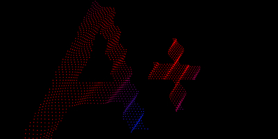 A stylized letter 'A' composed of red dots on a black background. The letter is formed by a pattern of small illuminated points, creating a 3D effect. To the right of the 'A' is a smaller, similarly constructed plus sign (+). The bottom of the 'A' transitions from red to blue dots, adding a gradient effect.