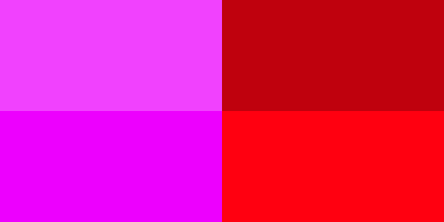 A four-quadrant color display showcasing variations in hue, saturation, and brightness. The top-left quadrant is bright magenta, top-right is deep red, bottom-left is vivid pink, and bottom-right is bright red, demonstrating the tool's ability to visualize color relationships.