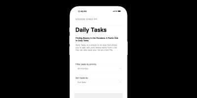 Screenshot of a minimalist mobile app interface for Daily Tasks. The screen shows a white iPhone-style device against a black background. The app displays the title Daily Tasks, followed by a subtitle Finding Beauty in the Mundane: A Poetic Ode to Daily Tasks.