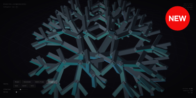 Fractal Dimensions Explorer displaying interactive 3D fractals including Menger Sponge, Sierpinski Tetrahedron, Sphere Flake, Pythagoras Tree, Koch Snowflake, Cantor Dust, and Barnsley Fern rendered in WebGL.