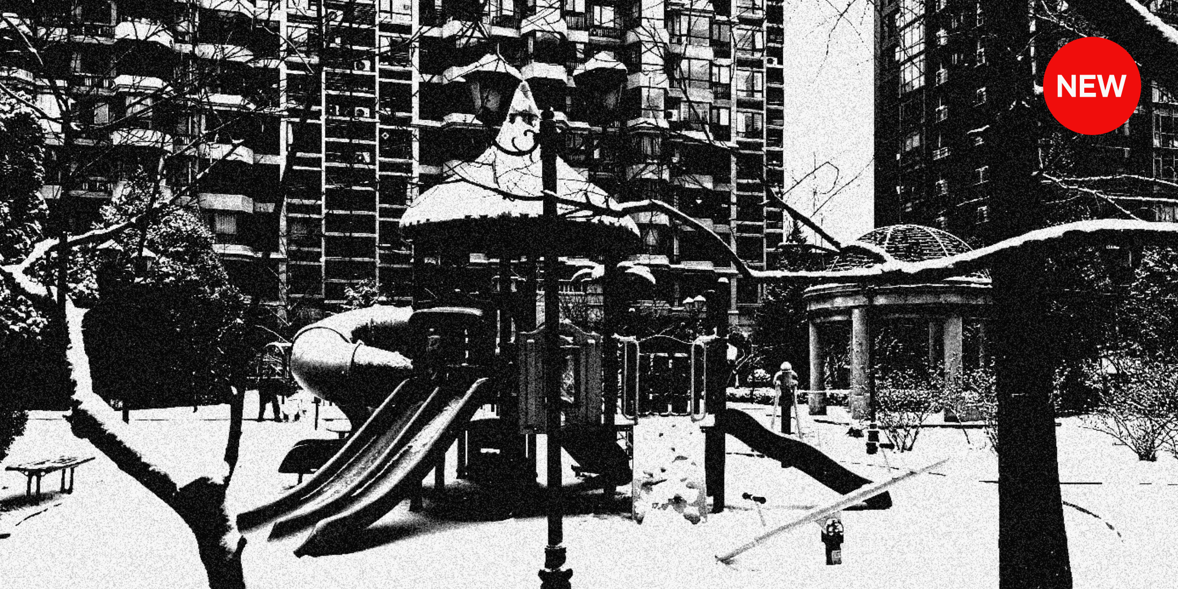 Animated GIF showcasing the Neon Noir high-contrast photography effect across different scenes. The animation cycles through three distinct black and white images: 1 An aerial view of a modern backyard with swimming pool and garden area, 2 A snow-covered playground with slides near apartment buildings, and 3 A dramatic cityscape showing high-rise buildings against a bright sky with intensified contrast. Each image demonstrates the tool's extreme contrast processing, pronounced grain texture, and stark black-white division characteristic of Moriyama-inspired photography. The animation highlights how the effect transforms various architectural and urban environments into striking artistic compositions with deep shadows and bright highlights.