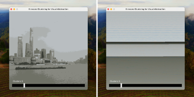 Two side-by-side screenshots of a 'K-means Clustering for Visual Abstraction' application window. The left image shows a grayscale cityscape of Shanghai with skyscrapers and a river. The right image displays the same scene abstracted into horizontal bands of varying shades of gray. Both windows have a slider at the bottom labeled 'Clusters: 5'.