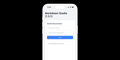 Screenshot of a mobile app interface for 'Markdown Studio' version 1.3.1. The screen shows a white iPhone-style device against a dark background. The app displays input fields for 'Document name' and 'Tags', a blue 'Save' button, and a message stating 'No saved documents yet.' beneath an empty list area for 'Saved Documents'.