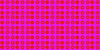 A vibrant repeating pattern of small red circles on a bright pink background. The circles are arranged in a grid-like structure, creating a bold and eye-catching geometric design.